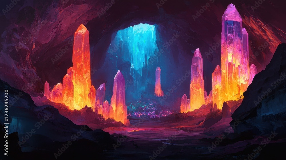 Fototapeta premium Vibrant Crystal Cave with Glowing Crystals and Atmospheric Lighting