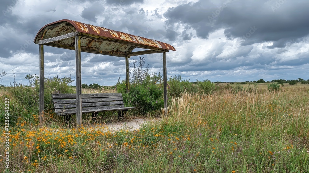 A rustic old bus stop with weathered wooden benches, surrounded by tall grass and wildflowers, under a cloudy sky with soft pastel tones A rustic old bus stop with weathered wooden benches, surrounded by tall grass and wildflowers, under a cloudy sky with soft pastel tones