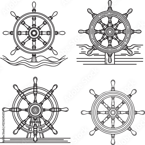 ship rudder continuous one line drawing vector illustration, Ship Steering Wheel Line Icon. Editable Stroke, Line Art Helm On A Transparent Background, Continuous one line drawing ship's wheel.