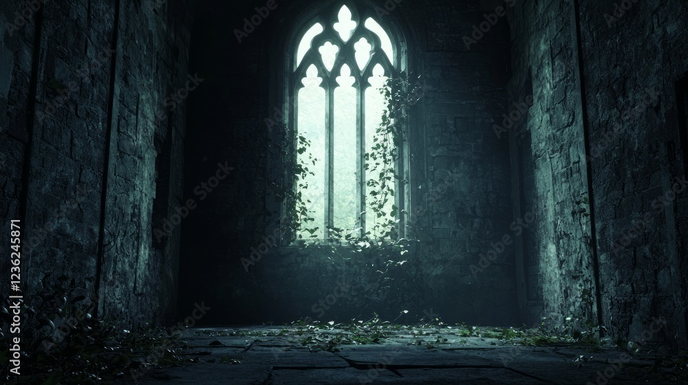 Fototapeta premium Large Dilapidated Window with Overgrown Vines in Dark Room