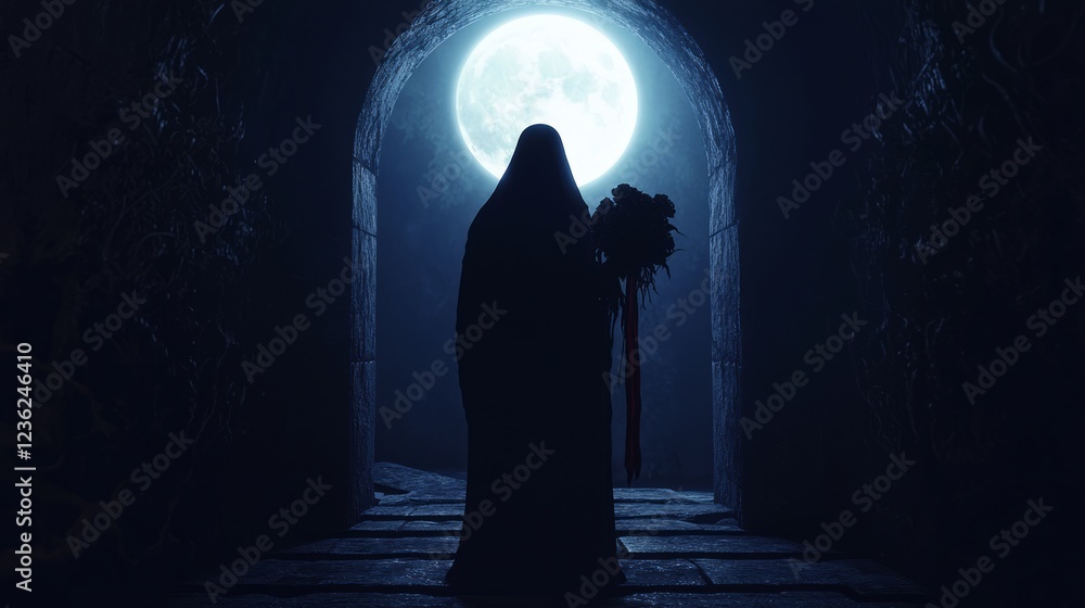 Mysterious Dark Figure Standing at a Moonlit Entrance