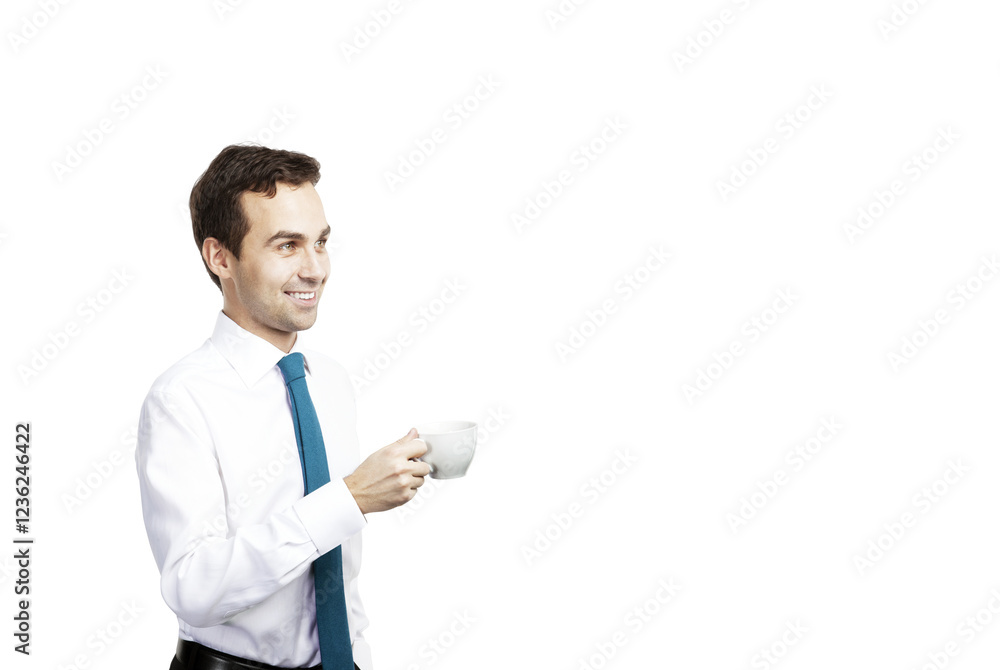 A businessman holding a coffee cup while smiling, wearing a white shirt and blue tie, isolated on a white background. Professional and casual concept A businessman holding a coffee cup while smiling, wearing a white shirt and blue tie, isolated on a white background. Professional and casual concept