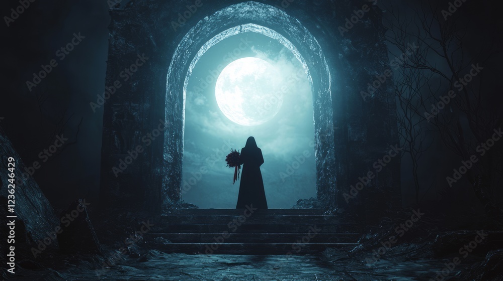 Dark Figure Standing at the Mysterious Entrance Under Full Moon Dark Figure Standing at the Mysterious Entrance Under Full Moon