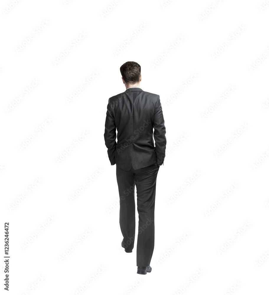 A man in a formal suit walking away with hands in pockets, isolated on a white background. Professional, business, or corporate concept A man in a formal suit walking away with hands in pockets, isolated on a white background. Professional, business, or corporate concept