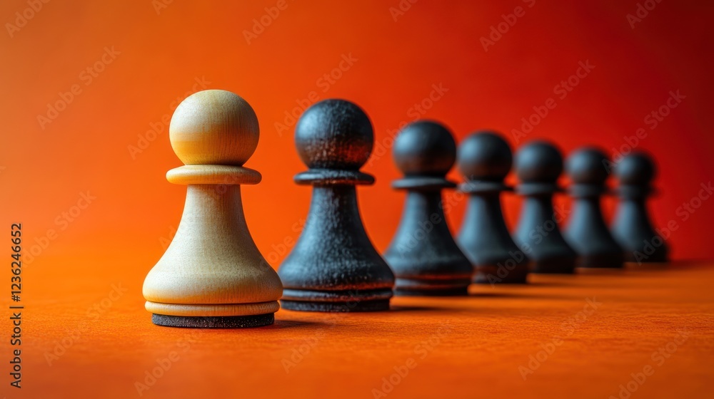 Lone pawn leads black team, orange background, strategy concept Lone pawn leads black team, orange background, strategy concept