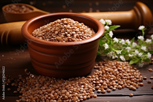 Buckwheat groats spilling from a ceramic bowl onto a rustic wooden table, creating a wholesome and natural scene photo