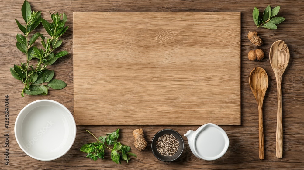 Overhead view of a wooden dining table with neatly arranged tabletop decor including cooking utensils bowls and other kitchenware  The clean
