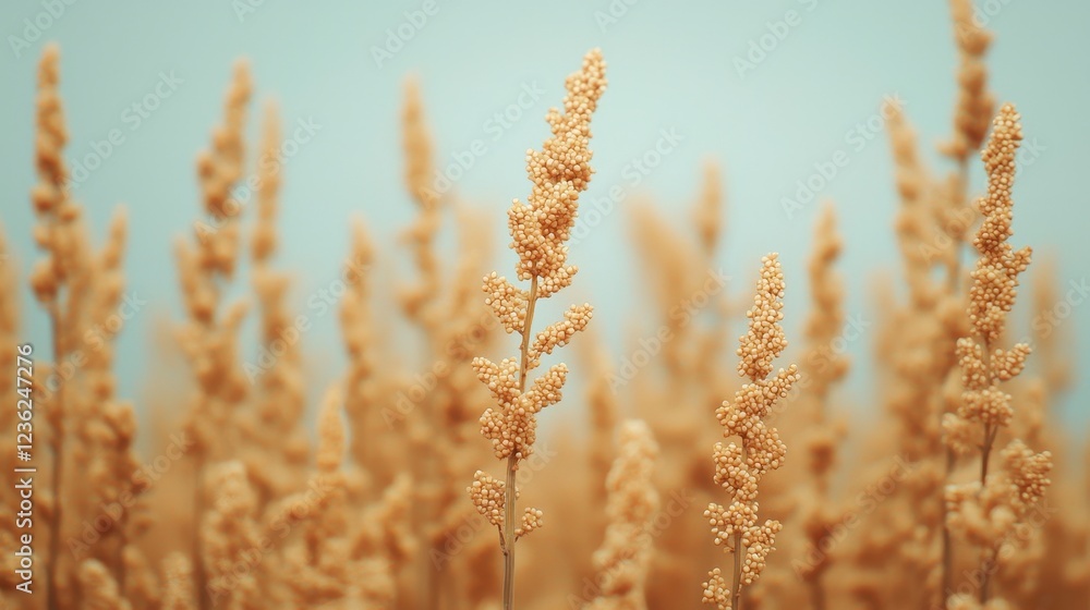 Fototapeta premium Golden Grains on a Soft Blue Background Capturing Nature's Beauty