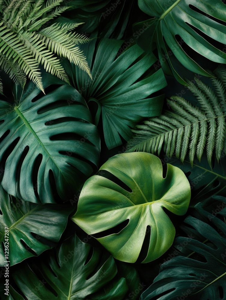 Close-up of a lush green tropical leaves for a background, decorative purposes or botanical study. Close-up of a lush green tropical leaves for a background, decorative purposes or botanical study.