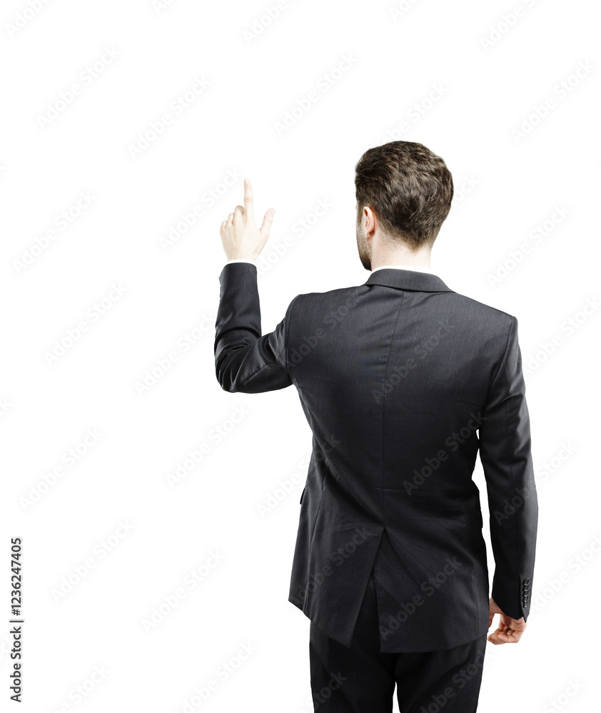 Man in a formal suit seen from the back, pointing upward with his finger. Isolated on a white background. Concept of business, direction, or guidance Man in a formal suit seen from the back, pointing upward with his finger. Isolated on a white background. Concept of business, direction, or guidance