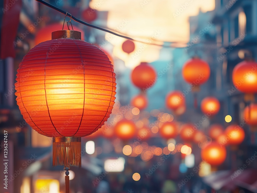 Red lanterns hanging in the air above a street, illuminating the area during dusk. A typical scene of Chinese celebrations and festivals. Red lanterns hanging in the air above a street, illuminating the area during dusk. A typical scene of Chinese celebrations and festivals.