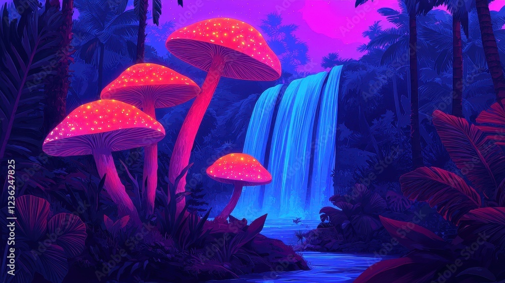 Fototapeta premium Vivid Fantasy Landscape with Glowing Mushrooms and Waterfall