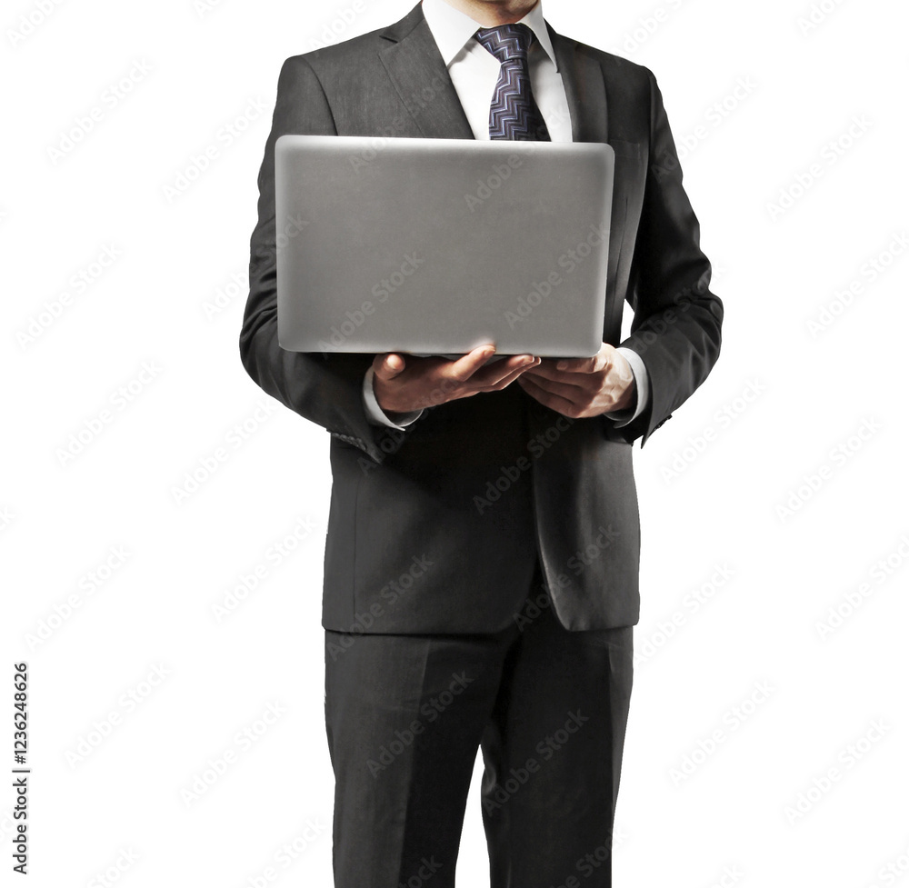Businessman in a formal suit holding a laptop in both hands, isolated on a white background. Professional and corporate concept Businessman in a formal suit holding a laptop in both hands, isolated on a white background. Professional and corporate concept