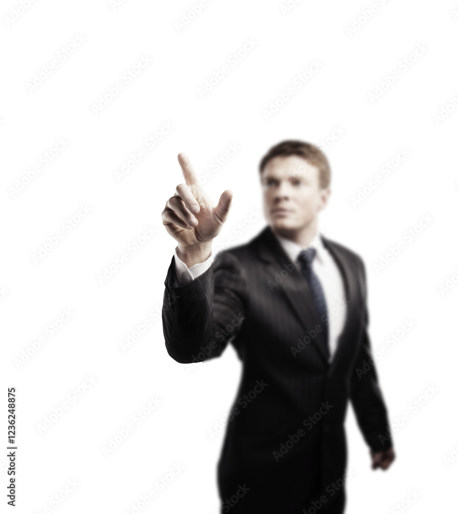 Businessman in a suit pointing forward with a finger in focus, isolated on a clean white background. Concept of decision-making and leadership Businessman in a suit pointing forward with a finger in focus, isolated on a clean white background. Concept of decision-making and leadership