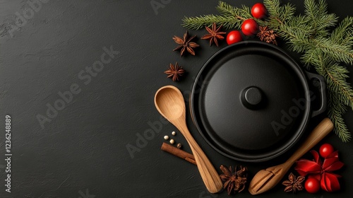 Christmas Cooking Preparation: A black cast iron pot, wooden spoons, and festive Christmas spices like star anise and cinnamon sticks are artfully arranged on a dark background. photo