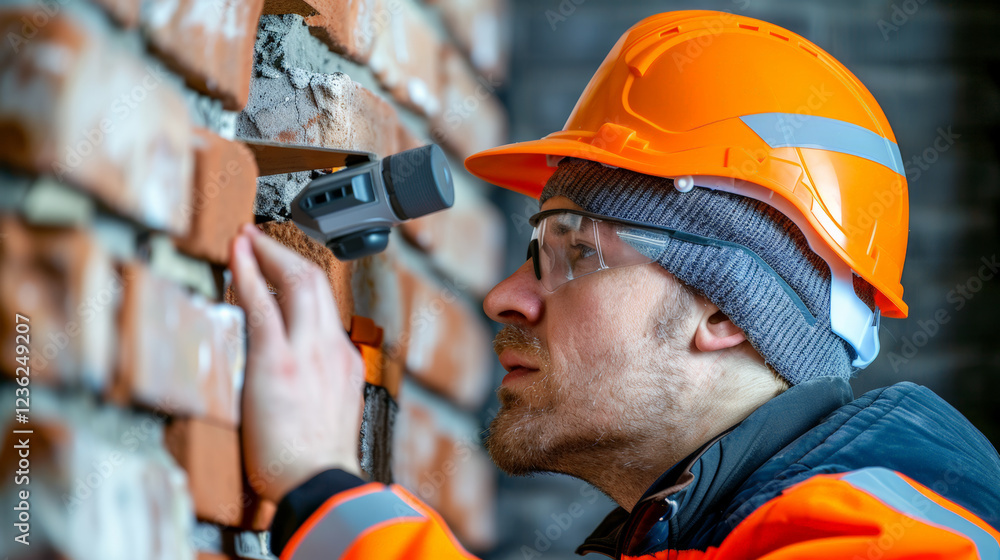professional inspecting chimney with thermal camera, focused and diligent professional inspecting chimney with thermal camera, focused and diligent