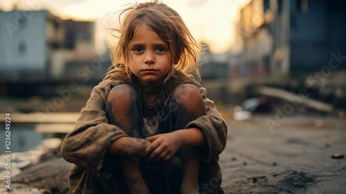 A poor hungry child asking for help and alms, food. Hunger. Water problems, global warming, drought, water shortage in the world, health problems, poverty and misery in countries. Climate change: from