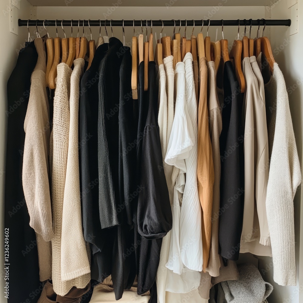 Collection of Casual Clothing Arranged Neatly on Hangers Against a White Wall Showcasing a Variety of Colors and Styles for a Modern Wardrobe Collection of Casual Clothing Arranged Neatly on Hangers Against a White Wall Showcasing a Variety of Colors and Styles for a Modern Wardrobe