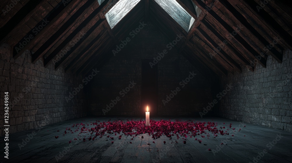 Naklejka premium High Vaulted Chamber with Candle and Rose Petals in Dark Setting