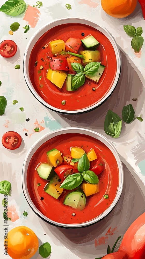Two bowls of colorful vegetable soup garnished with fresh basil and surrounded by ingredients. Two bowls of colorful vegetable soup garnished with fresh basil and surrounded by ingredients.