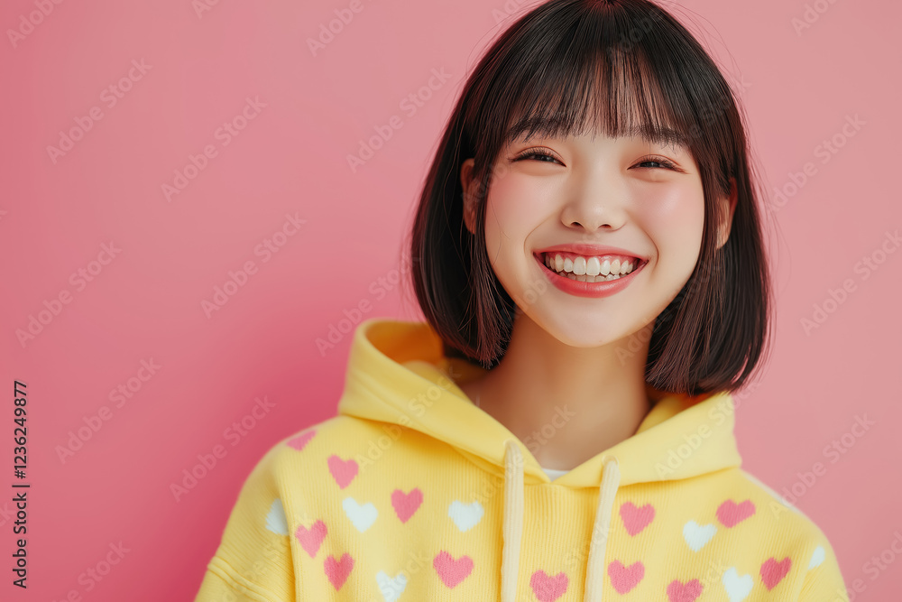 cheerful portrait of a young 17 years old Asian woman in a heart-patterned yellow hoodie, exuding happiness and youthful charm on a pink background cheerful portrait of a young 17 years old Asian woman in a heart-patterned yellow hoodie, exuding happiness and youthful charm on a pink background