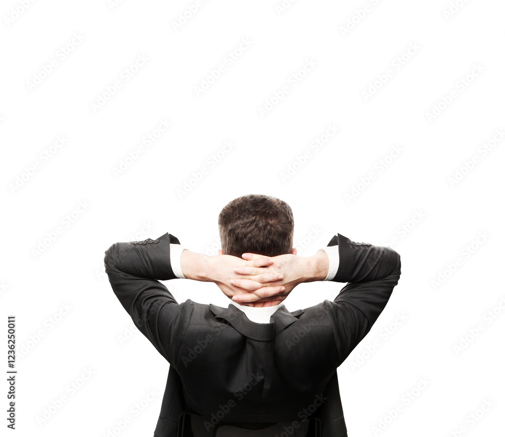 Man in asuit leaning back with hands clasped behind head, isolated on a clean white background. Concept of relaxation and confidence Man in asuit leaning back with hands clasped behind head, isolated on a clean white background. Concept of relaxation and confidence