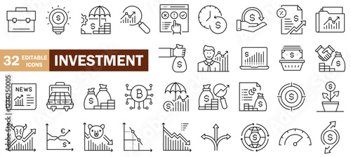 Investment icon set. Containing investor, mutual fund, asset, risk management, economy, financial gain, interest and stock icons. Solid icon collection. 