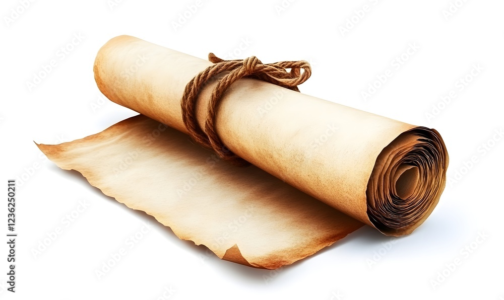 Rolled parchment scroll tied with rope on white Rolled parchment scroll tied with rope on white