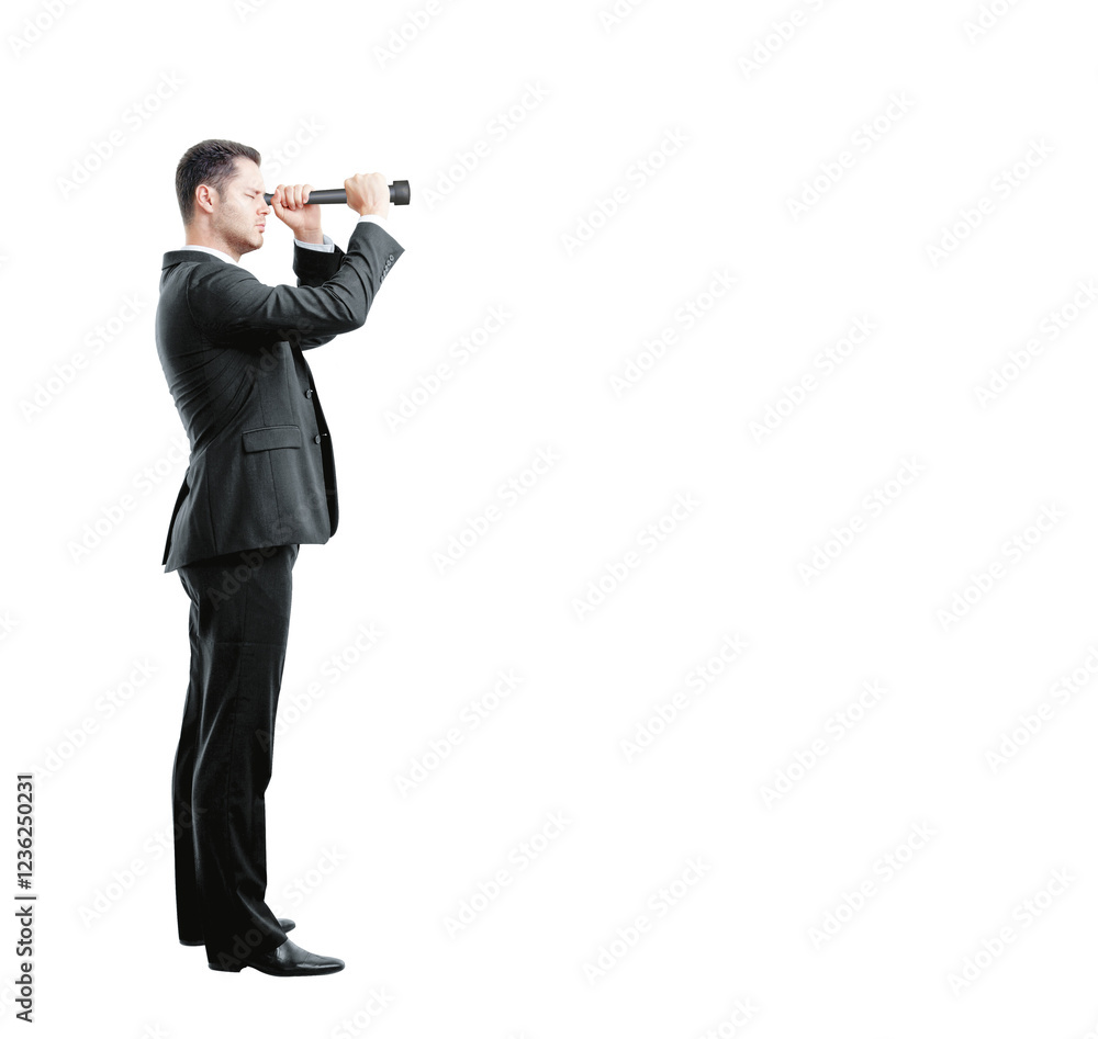 Side view of a businessman in a suit holding a telescope, standing against a white background. Concept of vision, future, and business outlook Side view of a businessman in a suit holding a telescope, standing against a white background. Concept of vision, future, and business outlook
