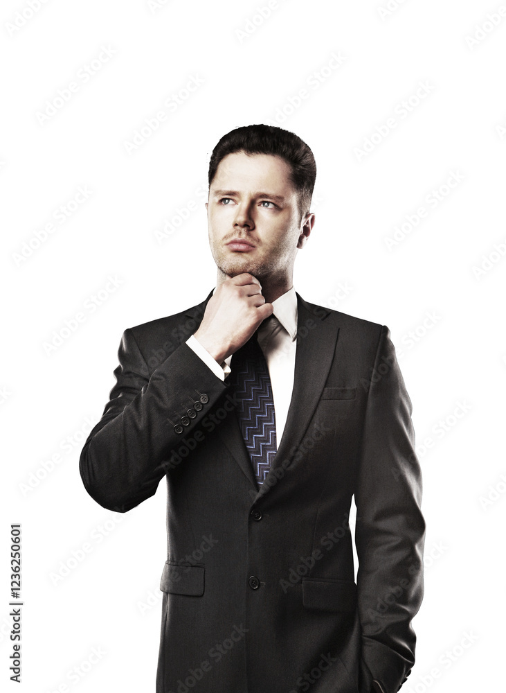 Businessman in asuit and tie, isolated on white. His hand rests on his chin as he appears thoughtful. Professional, clean design concept Businessman in asuit and tie, isolated on white. His hand rests on his chin as he appears thoughtful. Professional, clean design concept