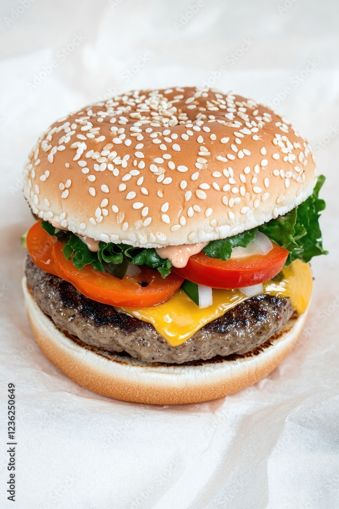 A close-up of a burger with beef patty, cheese, tomato and lettuce on a bun. Served with sesame seeded bun. A close-up of a burger with beef patty, cheese, tomato and lettuce on a bun. Served with sesame seeded bun.