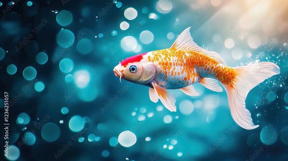 Vibrant Koi Fish Swimming Underwater with Colorful Bokeh Effect Vibrant Koi Fish Swimming Underwater with Colorful Bokeh Effect