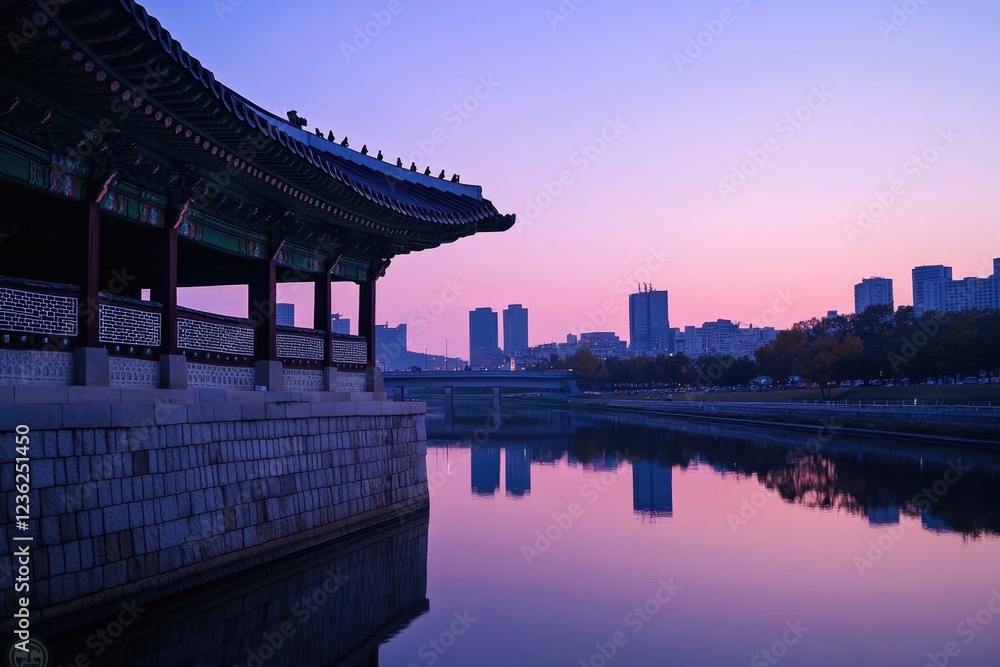 City skyline and a large Chinese zodiac sign illuminated against the backdrop of a glowing pink and purple sunset. Geese swim in the foreground. City skyline and a large Chinese zodiac sign illuminated against the backdrop of a glowing pink and purple sunset. Geese swim in the foreground.