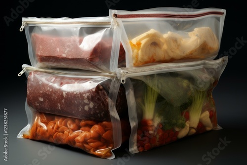 Different foods stored in reusable freezer bags, ensuring long lasting freshness and reducing food waste photo