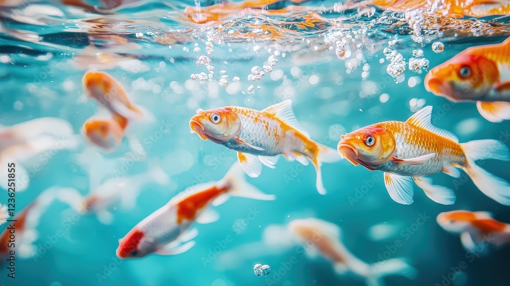 Fototapeta premium Colorful Koi Fish Swimming Under Water with Air Bubbles and Light