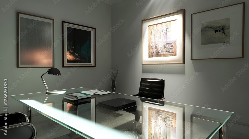 Clean workspace with a polished glass desk, framed art, and subtle desk lighting Clean workspace with a polished glass desk, framed art, and subtle desk lighting