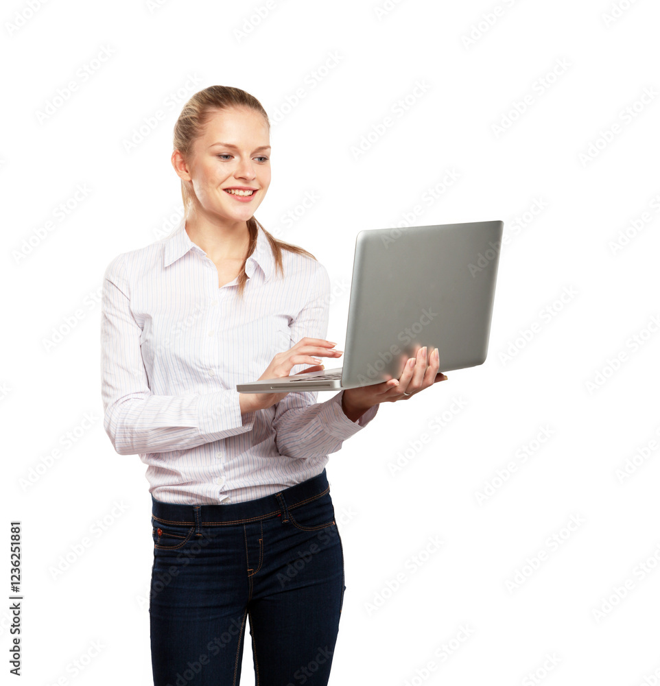 Smiling woman using a laptop, wearing a white shirt and jeans, isolated on a white background. Concept of technology, communication, and work Smiling woman using a laptop, wearing a white shirt and jeans, isolated on a white background. Concept of technology, communication, and work