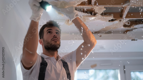 Water damage restoration worker inspecting ceiling