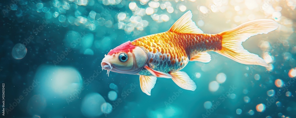 Fototapeta premium Vibrant Koi Fish Swimming Gracefully in Clear Blue Water Background