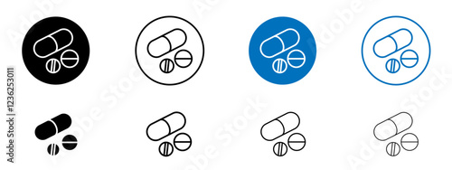 Pills icons collection in black and blue colors on white background