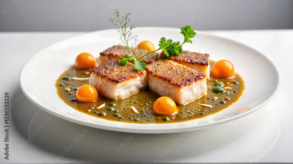 Artistic presentation of Bacalhau in flavorful sauce, culinary delight Artistic presentation of Bacalhau in flavorful sauce, culinary delight