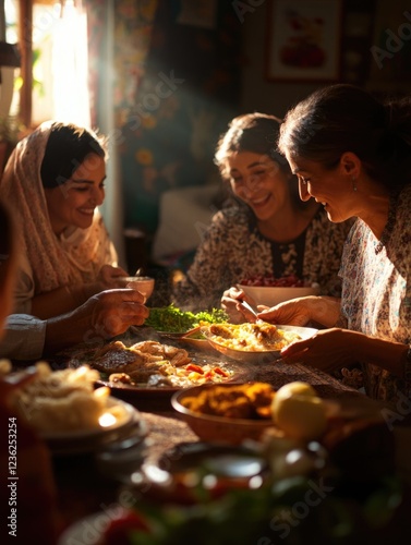 Friends and family gather at a table for a meal, celebrating together.