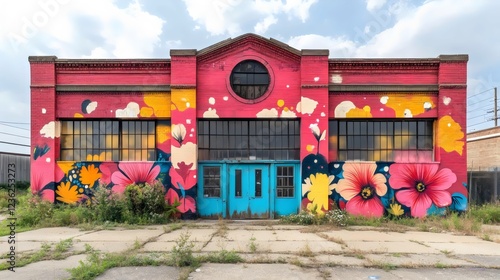 A building with a blue door and a window with flowers painted on it