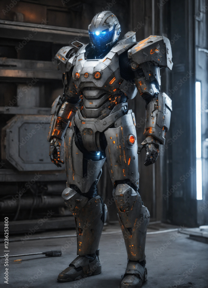 Heavily augmented cyborg with weathered gray armor Heavily augmented cyborg with weathered gray armor