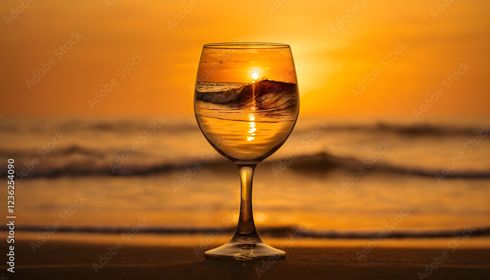 Sunset Beach Scene Reflected in Wine Glass Photography Stunning Coastal Image Golden Hour Ocean View Sunset Beach Scene Reflected in Wine Glass Photography Stunning Coastal Image Golden Hour Ocean View