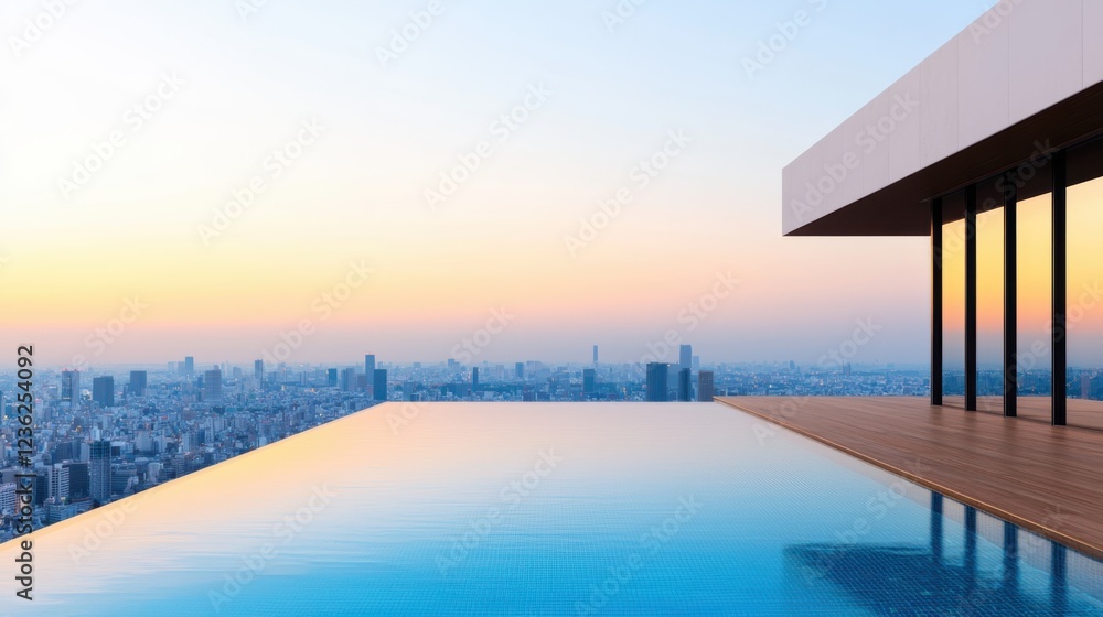 Fototapeta premium Luxurious rooftop infinity pool with a breathtaking cityscape view during a serene sunset Tranquil oasis in the heart of the bustling urban landscape