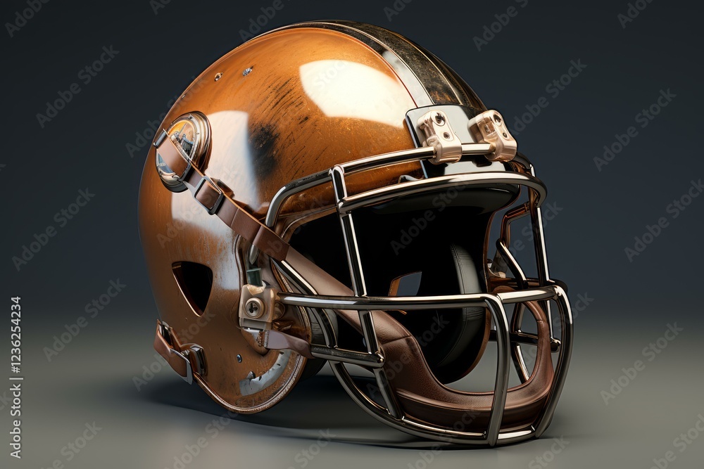 Fototapeta premium Glossy copper football helmet with face mask, resting on a dark gray surface