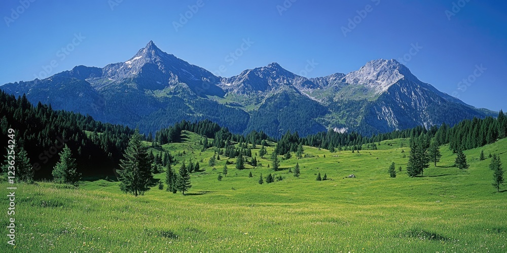 Fototapeta premium Vast grassy valley with majestic mountain range in background, under clear blue sky.