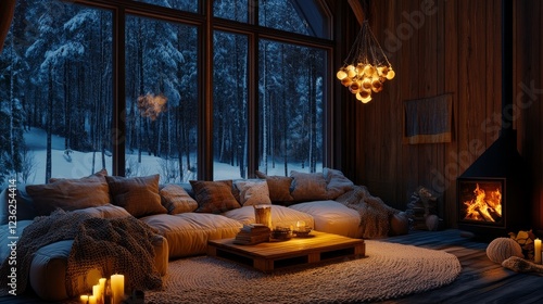 Cozy Winter Cabin Interior With Large Windows Showcasing Snowy Landscape and a Warm Fireplace During Twilight