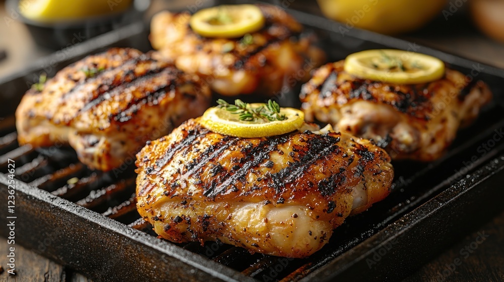 Grilled chicken thighs with lemon and thyme on grill pan Grilled chicken thighs with lemon and thyme on grill pan